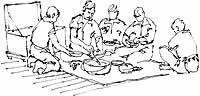 sailors eating on "tablecloth" of old canvas